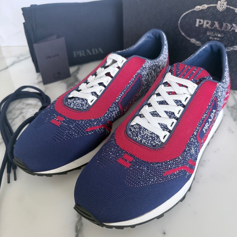 Prada‎ Knit Sneakers Mens  Indaco Scarlatto Blue Red 2EG272 Runner Shoes US 8 - Picture 3 of 12